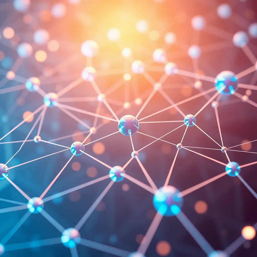 A futuristic digital network representing decentralized governance with nodes and connections