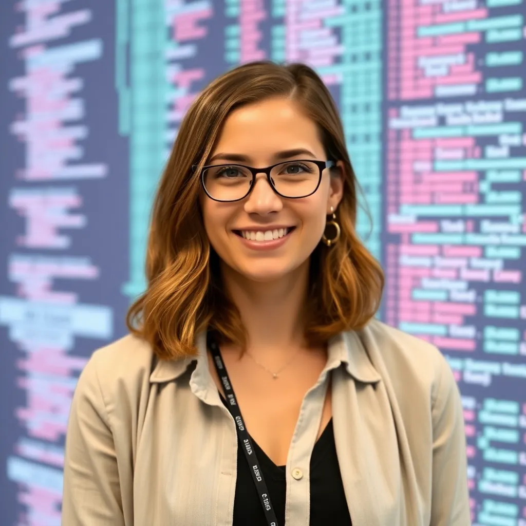 Portrait of Alice Johnson, Blockchain Developer and DAO Founder, wearing a smart casual outfit with a digital background