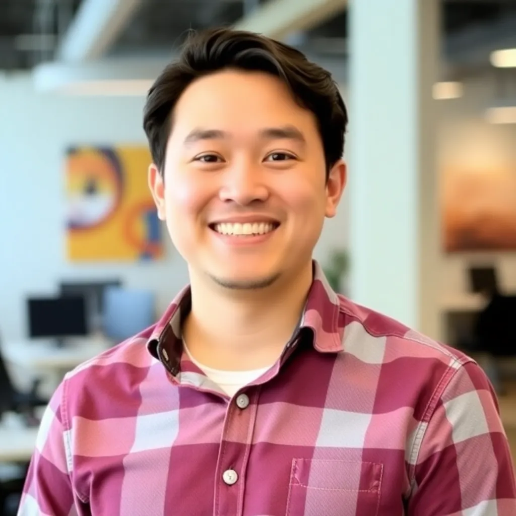 Portrait of Michael Lee, Community Manager, smiling with casual attire and a modern office background
