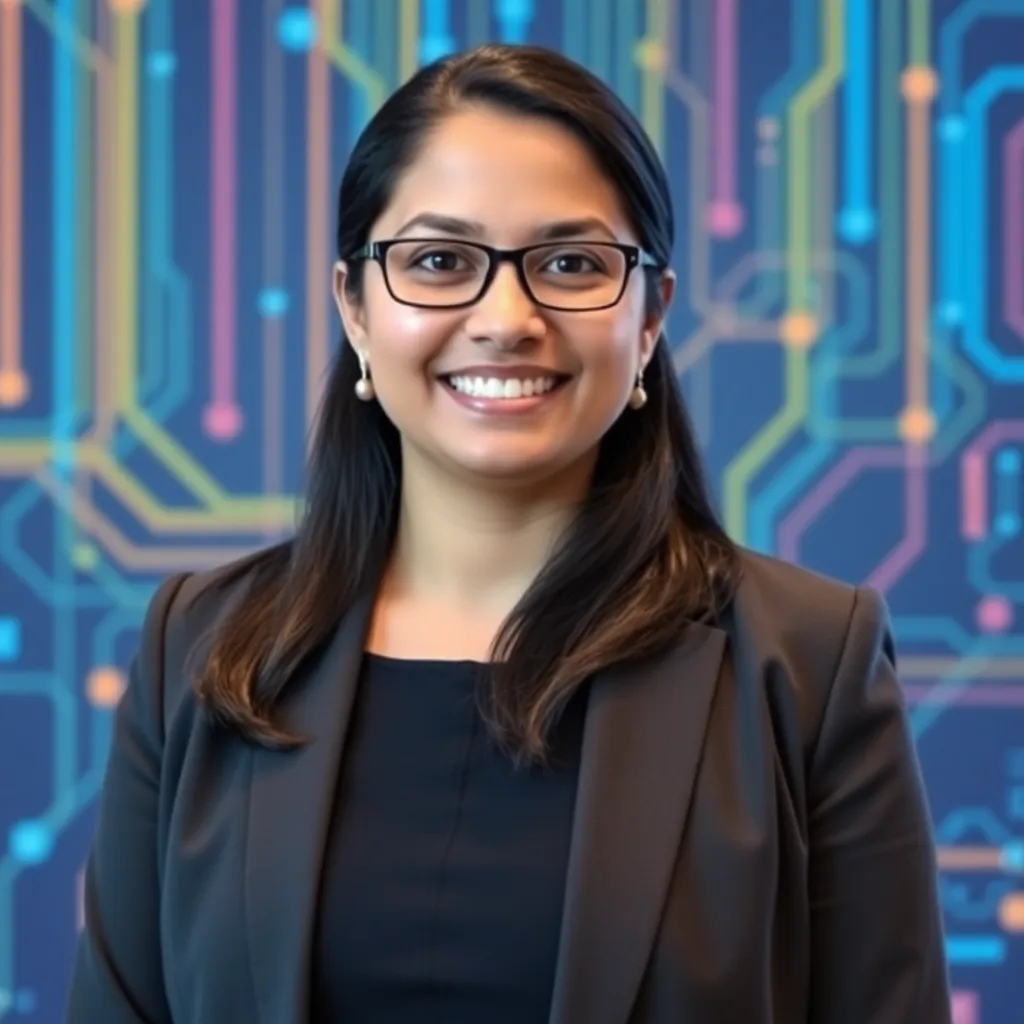 Portrait of Sophia Patel, Security Lead, wearing professional attire with a cybersecurity themed background