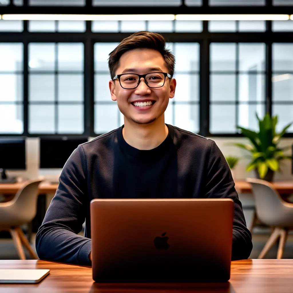 Portrait of David Kim, Product Strategist, in a modern workspace with a laptop
